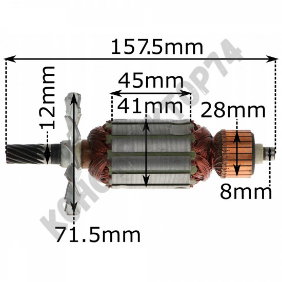 Ротор / Якорь для дисковой пилы Элпром ЭПД-1400 / КИТАЙ (L-157,5 мм, D-41 мм, 11 зубов, наклон вправо)