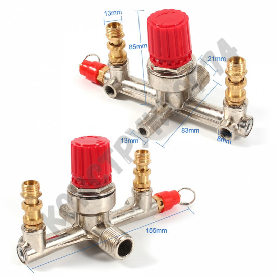 Редуктор для компрессора с аварийным клапаном и фитингами (резьба папа - 13мм / 21мм, резьба мама - 9 мм)