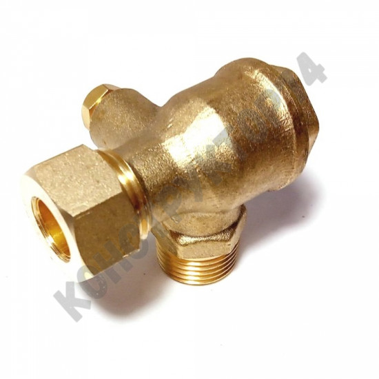 Обратный клапан 12BAR для компрессора (резьба - 1/2" - 1/2" - 1/8"), с гайкой под шланг 12мм, ЛАТУНЬ