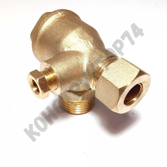 Обратный клапан 12BAR для компрессора Fubag B2800B/100, FC2, F1-241/50 (резьба - 1/2" - 3/8" - 1/8"), с гайкой под шланг 10мм, ЛАТУНЬ