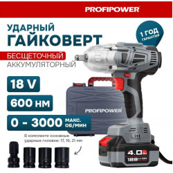 Гайковерт / Винтоверт аккумуляторный ProfiPower DWDTW-18V (ударный, бесщеточный, аккумулятор Li-ion-1шт, 4.0Ач, 600Нм)