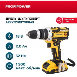 Шуруповерт аккумуляторный Profipower 18В (БЕСЩЕТОЧНЫЙ, АКБ Li-Ion-2шт, 2,0 Ач, 35Нм, в кейсе)